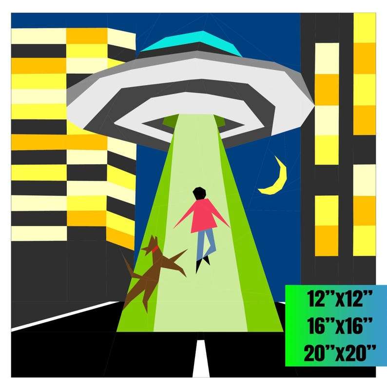 Taken (For a Walk) - Funny UFO Dog Abduction FPP Foundation Paper Piecing Pattern in Three Sizes - Image 1