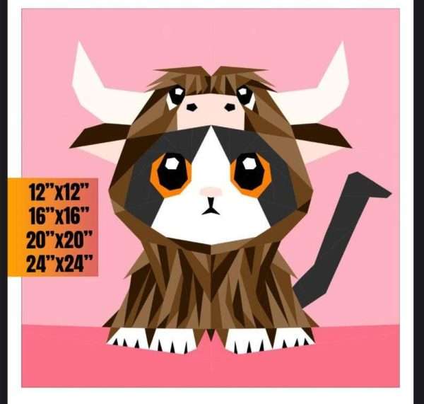 Purrfectly Highland Cat dressed as a highland cow FPP foundation paper piecing pattern