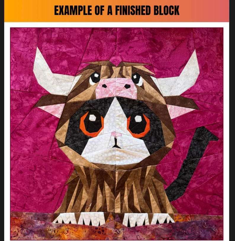 Purrfectly Highland Cat dressed as a highland cow FPP foundation paper piecing pattern