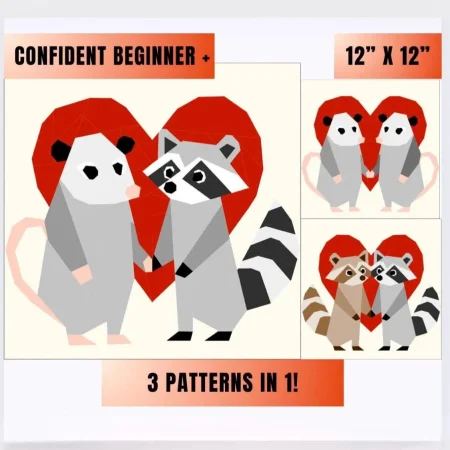 trash crossed lovers: three valentine’s day cute raccoon and oppossum couples fpp foundation paper piecing patterns set