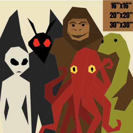 Unusual Suspects: Cryptid Family Photo Foundation Paper Piecing Pattern including Sasquatch, Kraken, Nessie, Moth Man, Alien