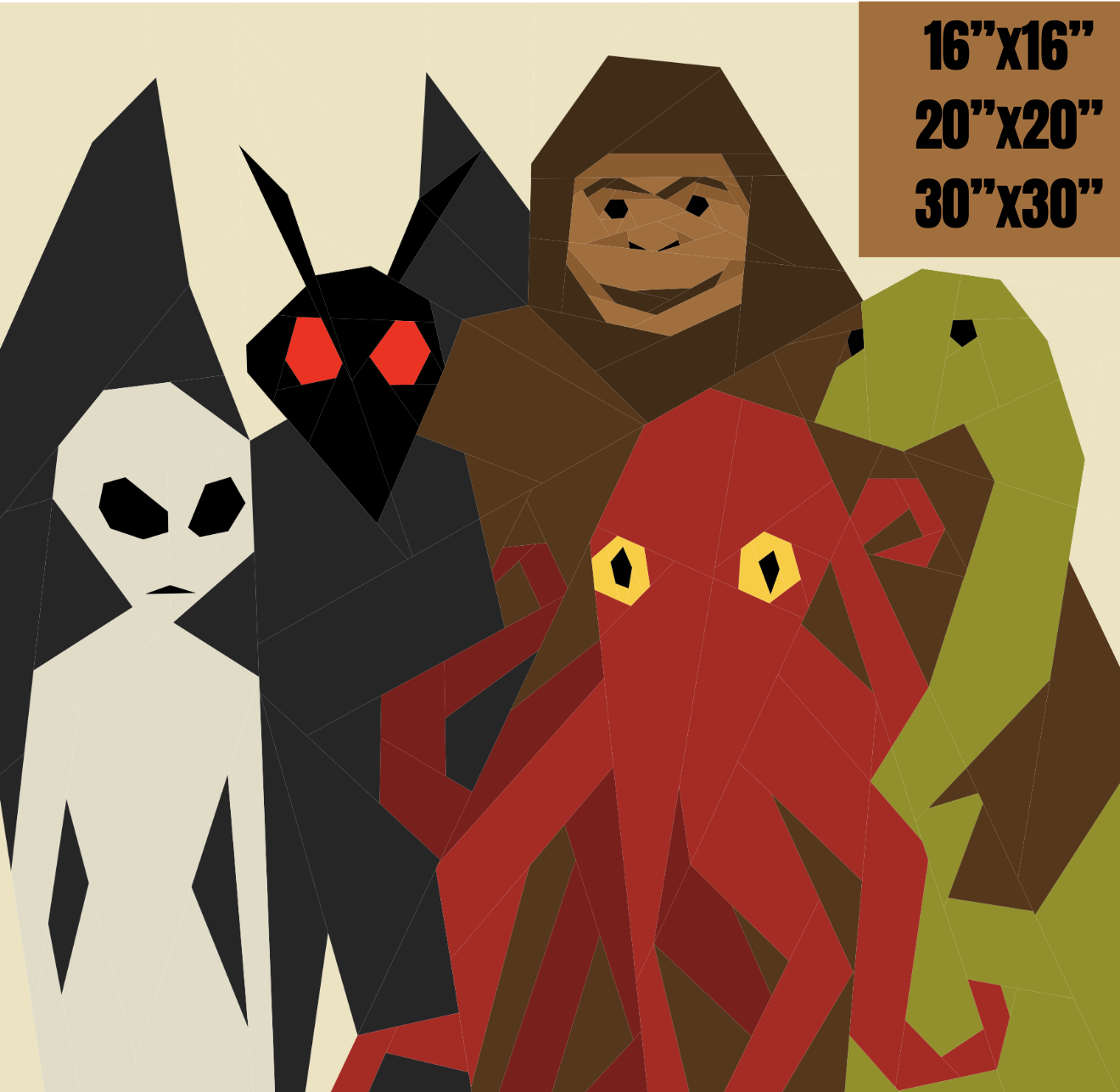 Unusual Suspects: Cryptid Family Photo Foundation Paper Piecing Pattern including Sasquatch, Kraken, Nessie, Moth Man, Alien